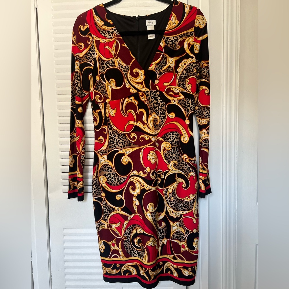 Cache Red and Gold Swirl Mini Dress